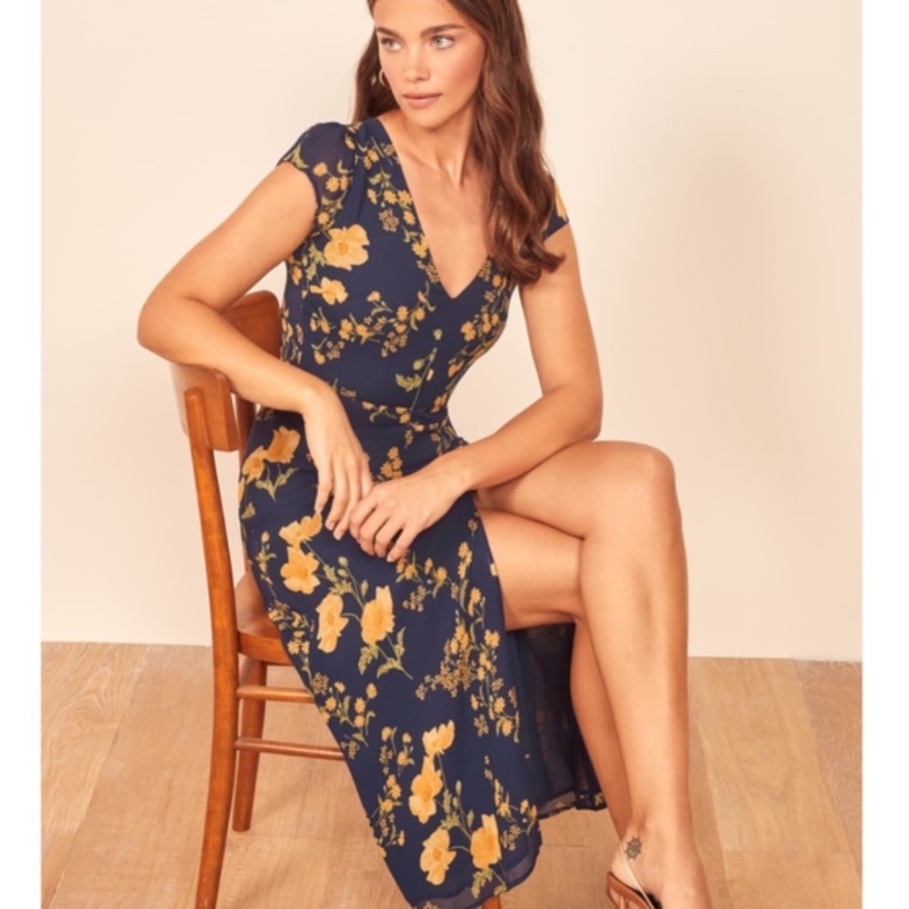 Reformation Floral Midi Dress in Navy and Yellow